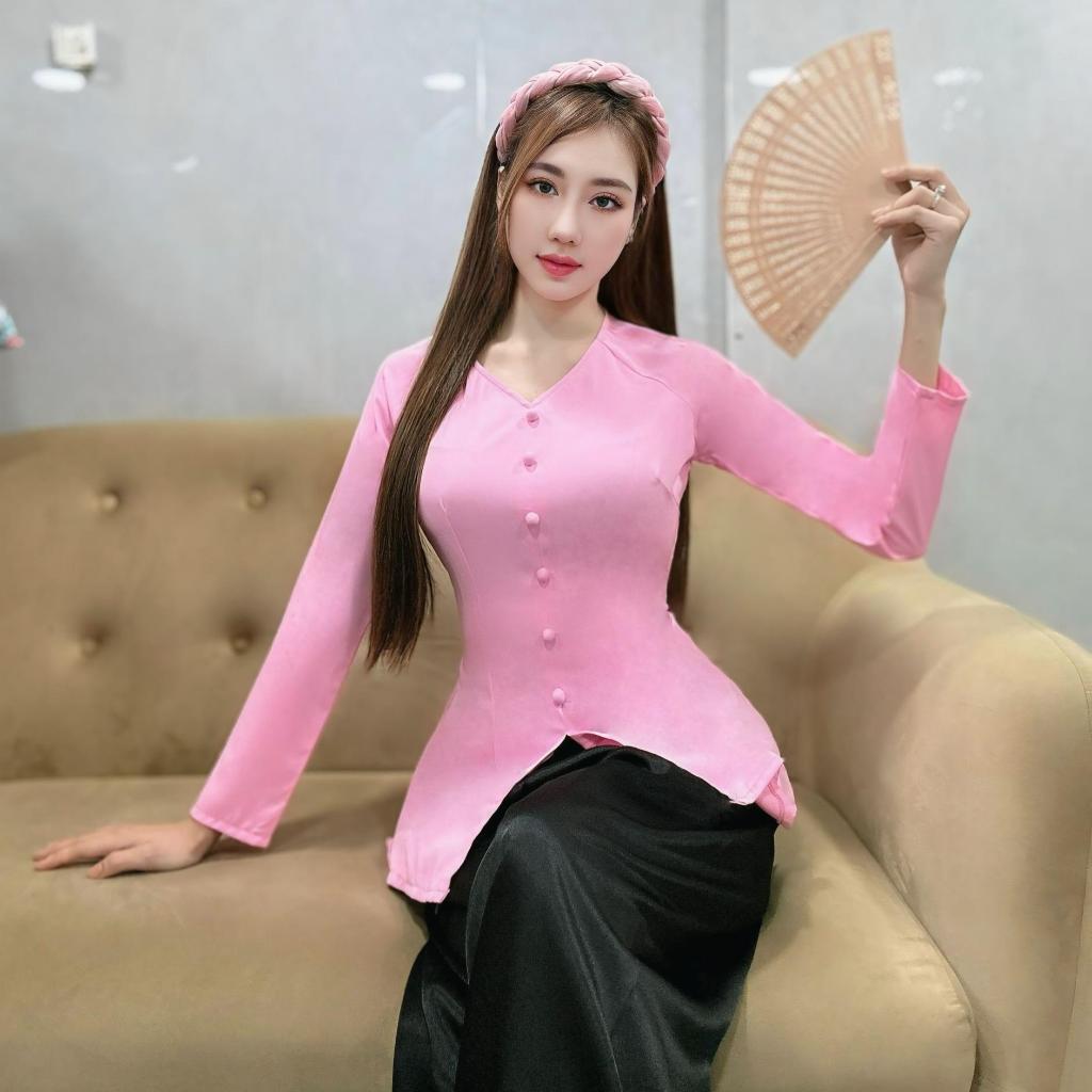 B.A117 - ( Áo lẻ ) Bà Ba Lụa Tầm Ý Cổ Tim Nút Nụ Dây Kéo Tay Dài