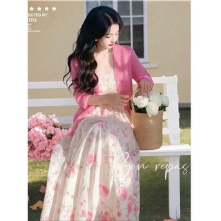 Đầm maxi thời trang nữ phong cách nhẹ nhàng thơ mộng chất Lụa in hoa kèm khoác Thun gân mềm tay dài váy dáng xoè