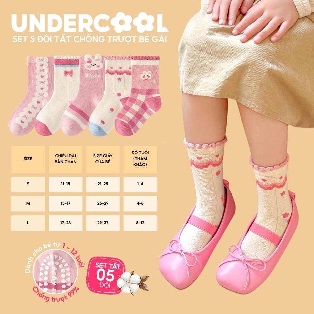 Set 5 Đôi Tất Bé Gái Chống Trượt Cotton Cao Cấp UNDERCOOL Hình Thỏ Xinh Xắn, Ấm Áp Cho Bé 1-12 Tuổi CB-TC109