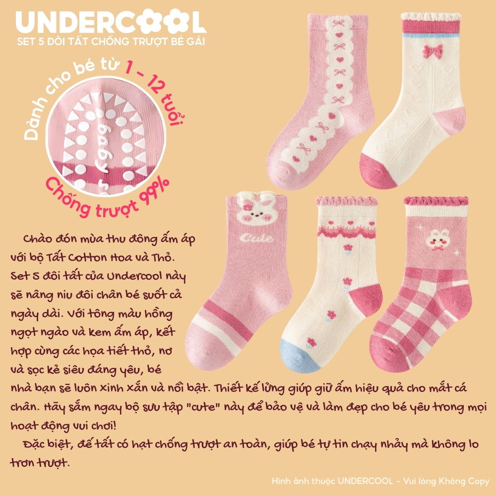 Set 5 Đôi Tất Bé Gái Chống Trượt Cotton Cao Cấp UNDERCOOL Hình Thỏ Xinh Xắn, Ấm Áp Cho Bé 1-12 Tuổi CB-TC109