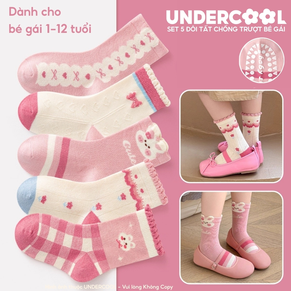Set 5 Đôi Tất Bé Gái Chống Trượt Cotton Cao Cấp UNDERCOOL Hình Thỏ Xinh Xắn, Ấm Áp Cho Bé 1-12 Tuổi CB-TC109
