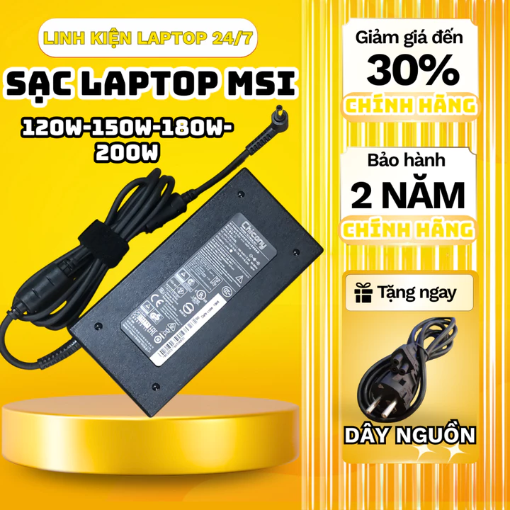 Sạc Laptop MSI Gaming 120W/150W/180W, Sạc CHICONY, Sạc MSI BRAVO, MSI GF63, 19.5V 20V 6.15A/7.7A/9A/9.23A , BH 24 Thán