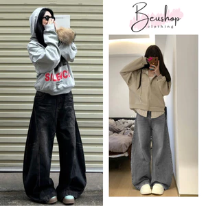 Quần Jean Nữ Ống CONG Xám Đen Wash Retro Lưng Cao Unisex BIGSIZE Ôm Eo Tôn Dáng Phong Cách Năng Động