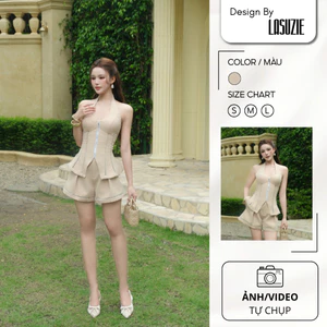 AMELIA set áo yếm hở lưng và quần short màu be sáng Lasuzie Design