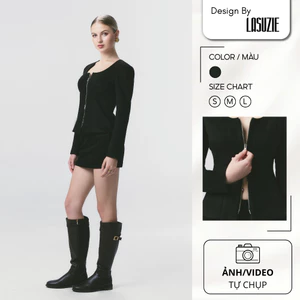 Áo Da Lộn Dài Tay Nữ Suede Skirt Dáng Ngắn Ôm Body Khóa Kéo Trước Phong Cách Sang Trọng