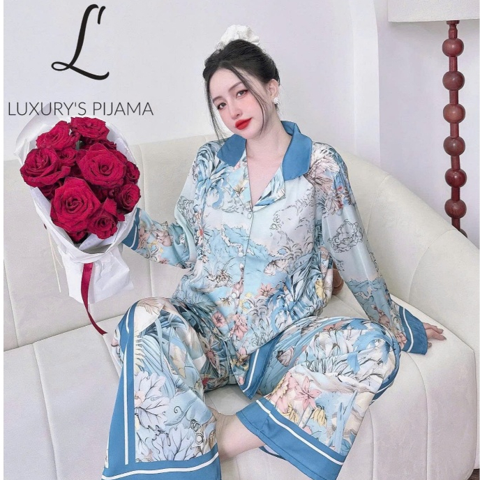 Đồ bộ LUXURY PIJAMA lụa latin PHOENIX mềm mịn sang trọng thoáng mát tay dài họa tiết hoa xanh TD0005