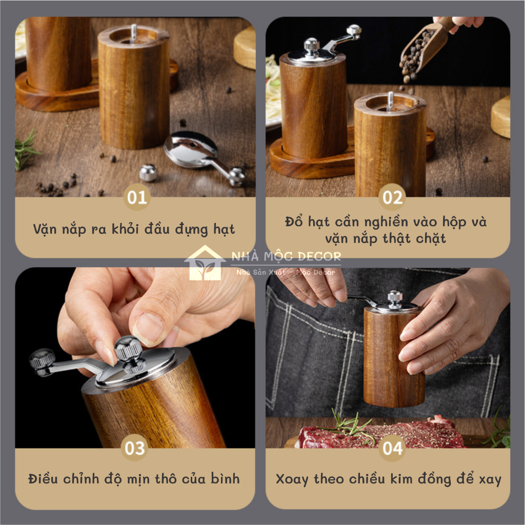 Dụng Cụ Xay Hạt Tiêu, Hạt Thơm Chất Liệu Bằng Gỗ Kết Hợp Kim Loại Sang Trọng Tiện Lợi