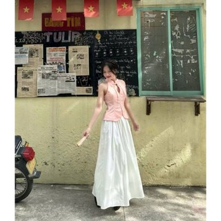 Set váy thời trang nữ chất Tapta nhung cao cấp cổ yếm gắn nơ không tay phối váy maxi Lụa 100D dáng xoè