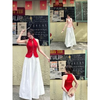 Set váy thời trang nữ chất Tapta nhung cao cấp cổ yếm gắn nơ không tay phối váy maxi Lụa 100D dáng xoè