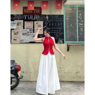 Set váy thời trang nữ chất Tapta nhung cao cấp cổ yếm gắn nơ không tay phối váy maxi Lụa 100D dáng xoè