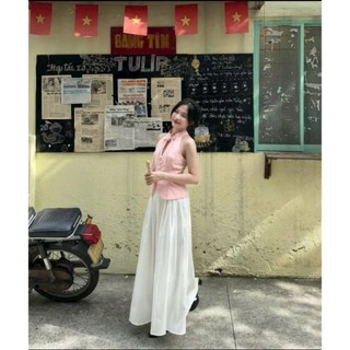 Set váy thời trang nữ chất Tapta nhung cao cấp cổ yếm gắn nơ không tay phối váy maxi Lụa 100D dáng xoè