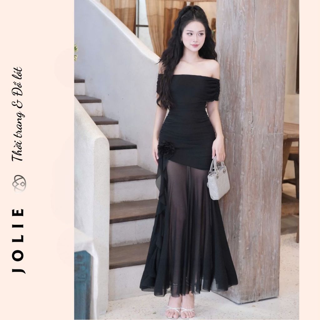 Đầm Dự Tiệc Cúp Ngực Dáng Dài Phối Voan Xuyên Thấu Quyến Rũ