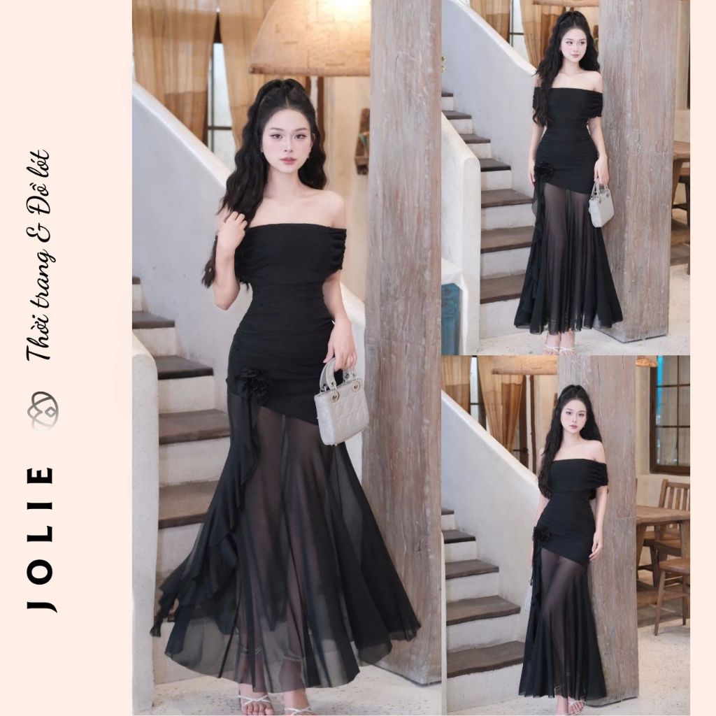Đầm Dự Tiệc Cúp Ngực Dáng Dài Phối Voan Xuyên Thấu Quyến Rũ