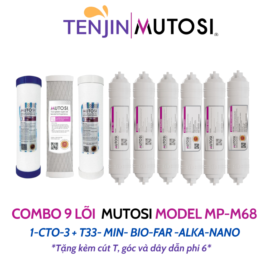 Combo 10 Lõi Lọc Nước MUTOSI Chính Hãng Gôm 1-CTO-3, RO50, T33, Min, Far, Bio, Nano, Alka Dùng Cho Máy MP-M68, MP-S68