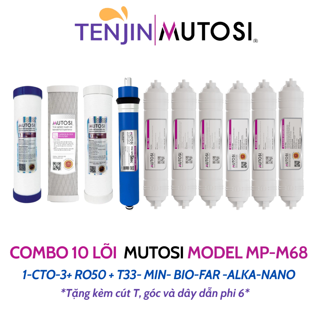 Combo 10 Lõi Lọc Nước MUTOSI Chính Hãng Gôm 1-CTO-3, RO50, T33, Min, Far, Bio, Nano, Alka Dùng Cho Máy MP-M68, MP-S68