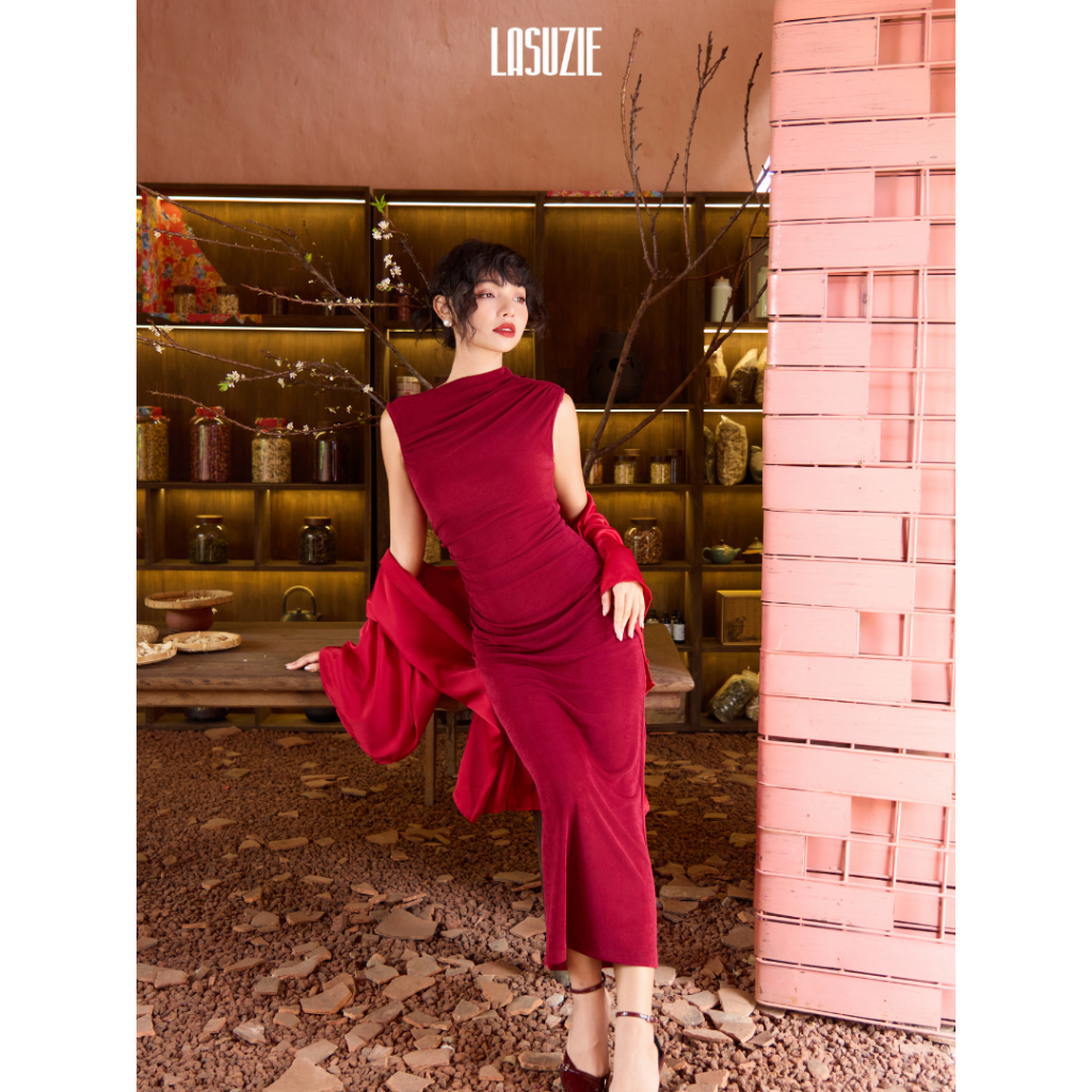 Đầm Body Lệch Vai Paris Drapping dress Dáng Dài Không Tay Thanh Lịch, Váy Dự Tiệc Dạ Hội Cao Cấp