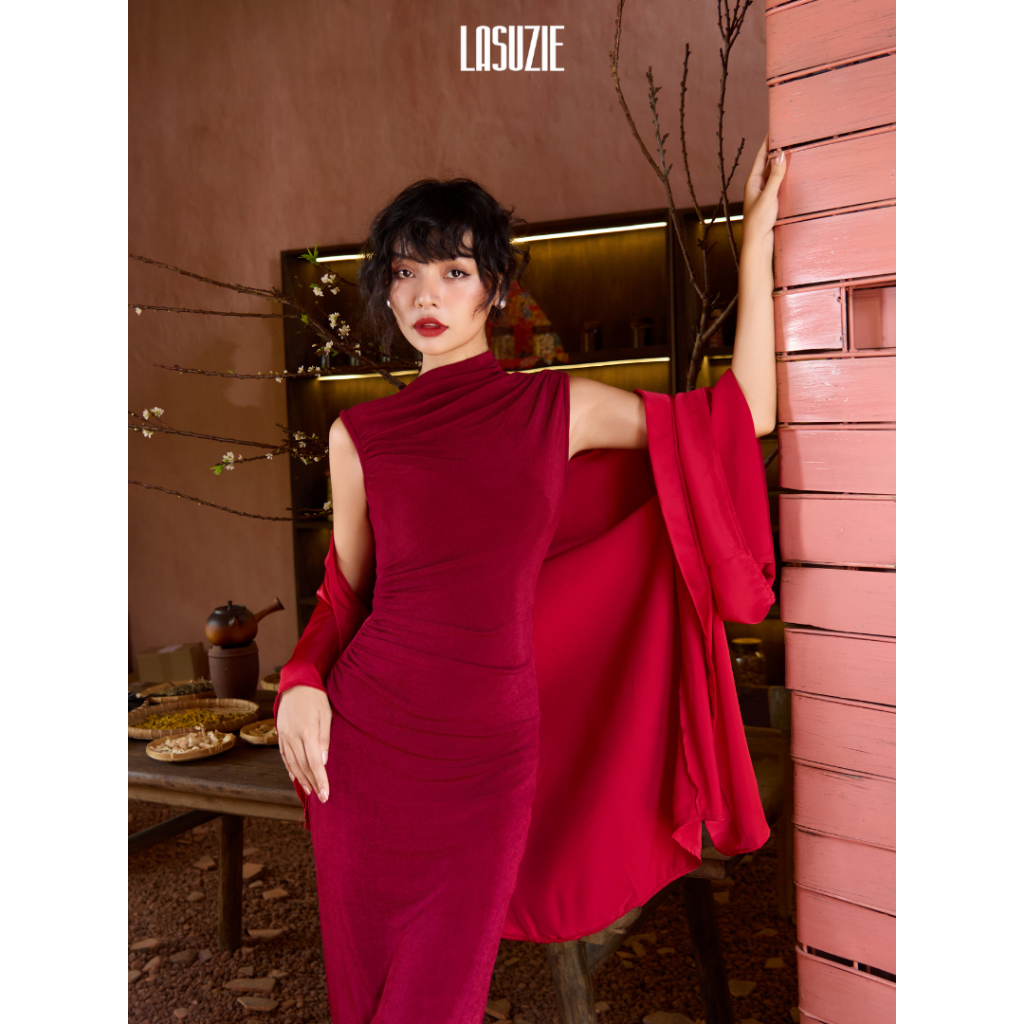 Đầm Body Lệch Vai Paris Drapping dress Dáng Dài Không Tay Thanh Lịch, Váy Dự Tiệc Dạ Hội Cao Cấp