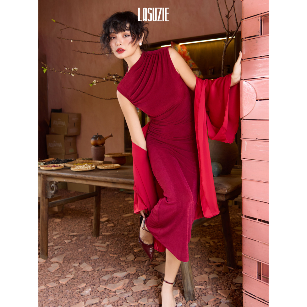 Đầm Body Lệch Vai Paris Drapping dress Dáng Dài Không Tay Thanh Lịch, Váy Dự Tiệc Dạ Hội Cao Cấp