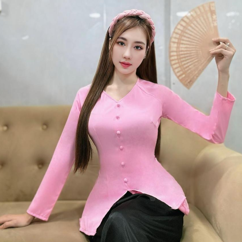 B.A117 - Bộ Áo Bà Ba Lụa Tầm Ý Cổ Tim Nút Nụ Dây Kéo Tay Dài