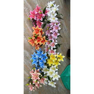 Cành Hoa Ly Giả Cao Su 9 Bông 3 Nụ & 3 Bông 2 Nụ Dài 55cm - Hoa Lụa Cao Cấp Trang Trí Phòng Khách, Bàn Thờ
