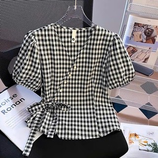 Áo kẻ ca rô buộc nơ eo , chất liệu mềm mại thoáng mát, phù hợp đi làm đi chơi  với 2 màu nổi bật H1