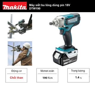 Máy siết bu lông dùng pin 18V Makita DTW190 - Chính hãng (Mã DTW190ZX, DTW190RFJX)