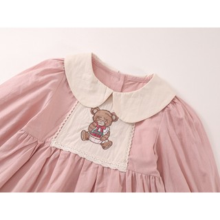 Váy Cho Bé Gái, Váy Dài Tay Cho Gái Thiết Kế Tiểu Thư Thêu Hình Gấu Dễ Thương Chất Liệu 100% Cotton