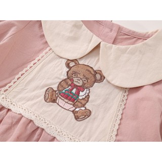 Váy Cho Bé Gái, Váy Dài Tay Cho Gái Thiết Kế Tiểu Thư Thêu Hình Gấu Dễ Thương Chất Liệu 100% Cotton