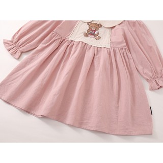 Váy Cho Bé Gái, Váy Dài Tay Cho Gái Thiết Kế Tiểu Thư Thêu Hình Gấu Dễ Thương Chất Liệu 100% Cotton