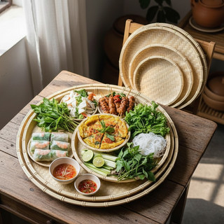 Mẹt nhựa tròn giả mây tre đan Khôi Nguyên, Đĩa mẹt tròn đựng bún đậu,đồ ăn vặt,mẹt gà