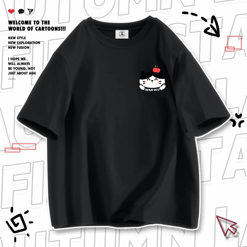 Áo thun HappyTee - Áo tay lỡ nam nữ Logo Bé Mèo Wanwu cotton 100 cao cấp