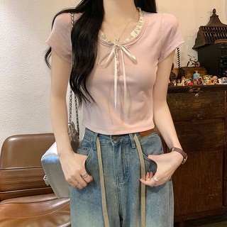 Áo thun nữ cổ tròn bèo nhẹ phối nơ trước ngực dáng ôm màu hồng VANISA CT147