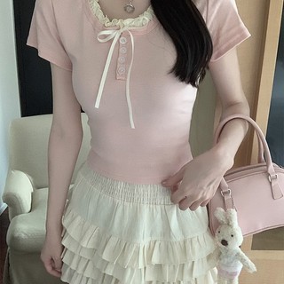 Áo thun nữ cổ tròn bèo nhẹ phối nơ trước ngực dáng ôm màu hồng VANISA CT147