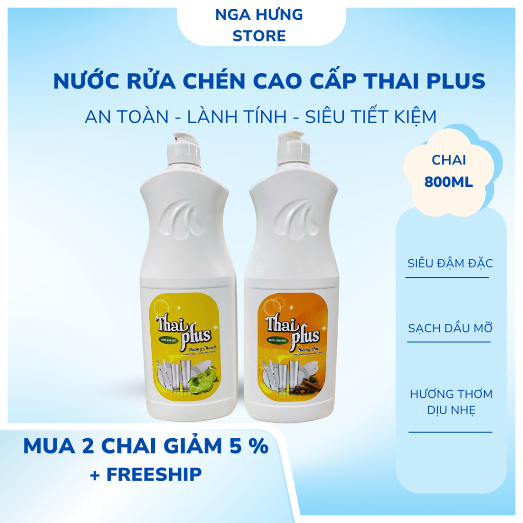 Nước Rửa Bát Thai Plus Chai 800ml , Đậm Đặc, Hương Chanh, Sạch Dầu Mỡ , Hàng Loại 1