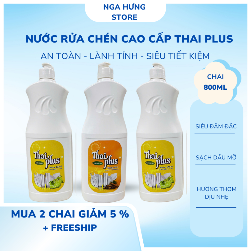 Nước Rửa Bát Thai Plus Chai 800ml , Đậm Đặc, Hương Chanh, Sạch Dầu Mỡ , Hàng Loại 1