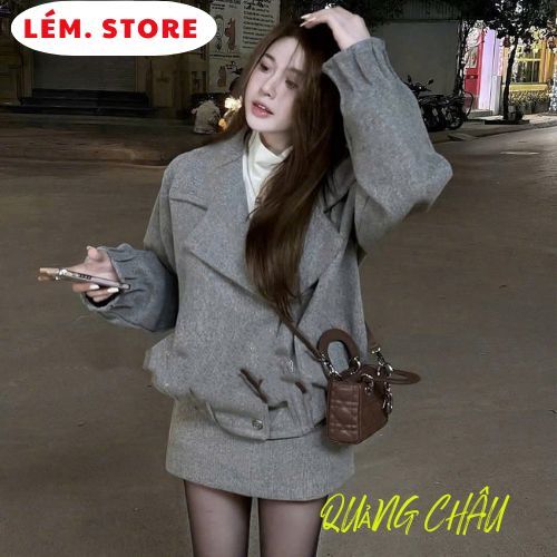 Set 3 Món Áo Khoác Cổ Bẻ Phồng Cvay Dạ Ép Mix Áo Thun, Set Áo Dạ Tweed Phối Chân Váy A Cá Tính Hàng Hot 2025