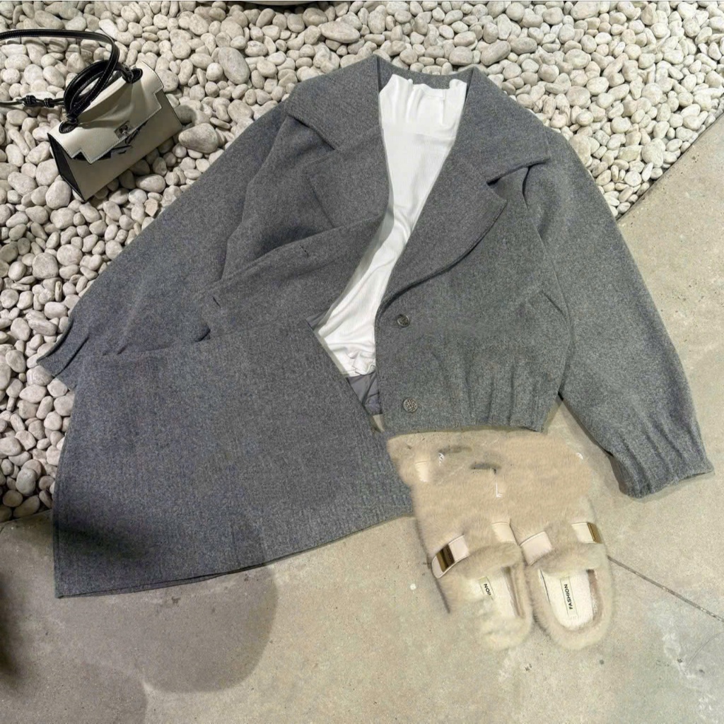 Set 3 Món Áo Khoác Cổ Bẻ Phồng Cvay Dạ Ép Mix Áo Thun, Set Áo Dạ Tweed Phối Chân Váy A Cá Tính Hàng Hot 2025