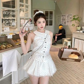 SEP House - Set chấm bi nút cài cổ sen lệch viêng ren sát nách phối chân váy bí tơ lưng chun nữ tính - Hàng loại 1