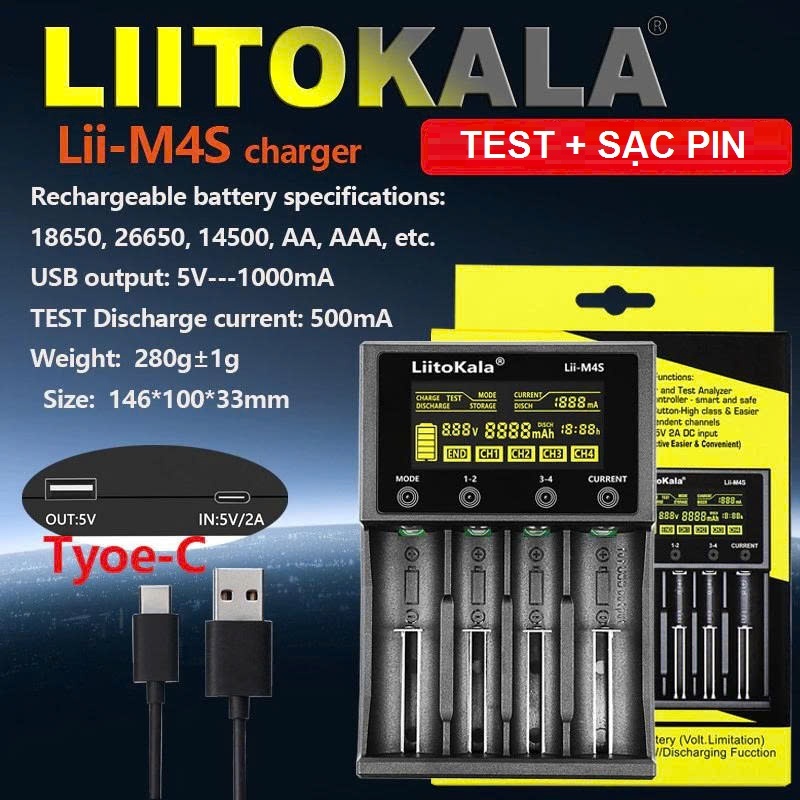 Bộ sạc Pin cao cấp model mới nhất Liitokala Lii M4S Màn hình cảm ứng ...