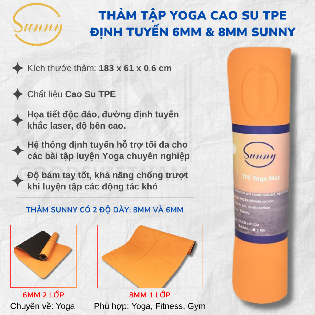 Thảm Tập Yoga Cao Su Định Tuyến SUNNY Siêu Bám Tay, Độ dày 6mm và 8mm - Thảm Chính Hãng Tặng Kèm Túi