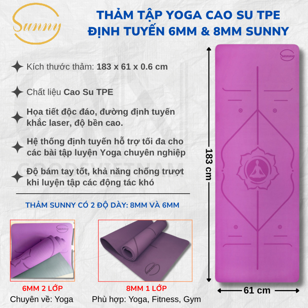 Thảm Tập Yoga Cao Su Định Tuyến SUNNY Siêu Bám Tay, Độ dày 6mm và 8mm - Thảm Chính Hãng Tặng Kèm Túi