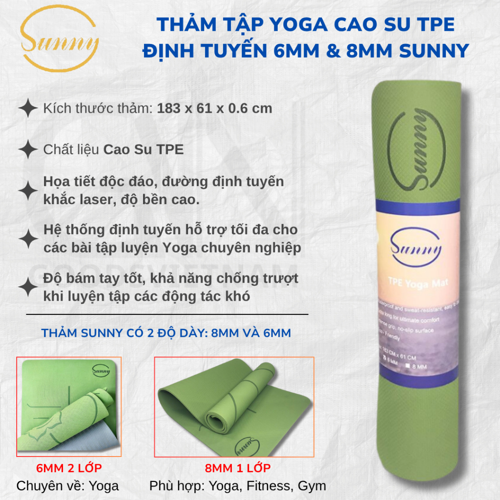 Thảm Tập Yoga Cao Su Định Tuyến SUNNY Siêu Bám Tay, Độ dày 6mm và 8mm - Thảm Chính Hãng Tặng Kèm Túi