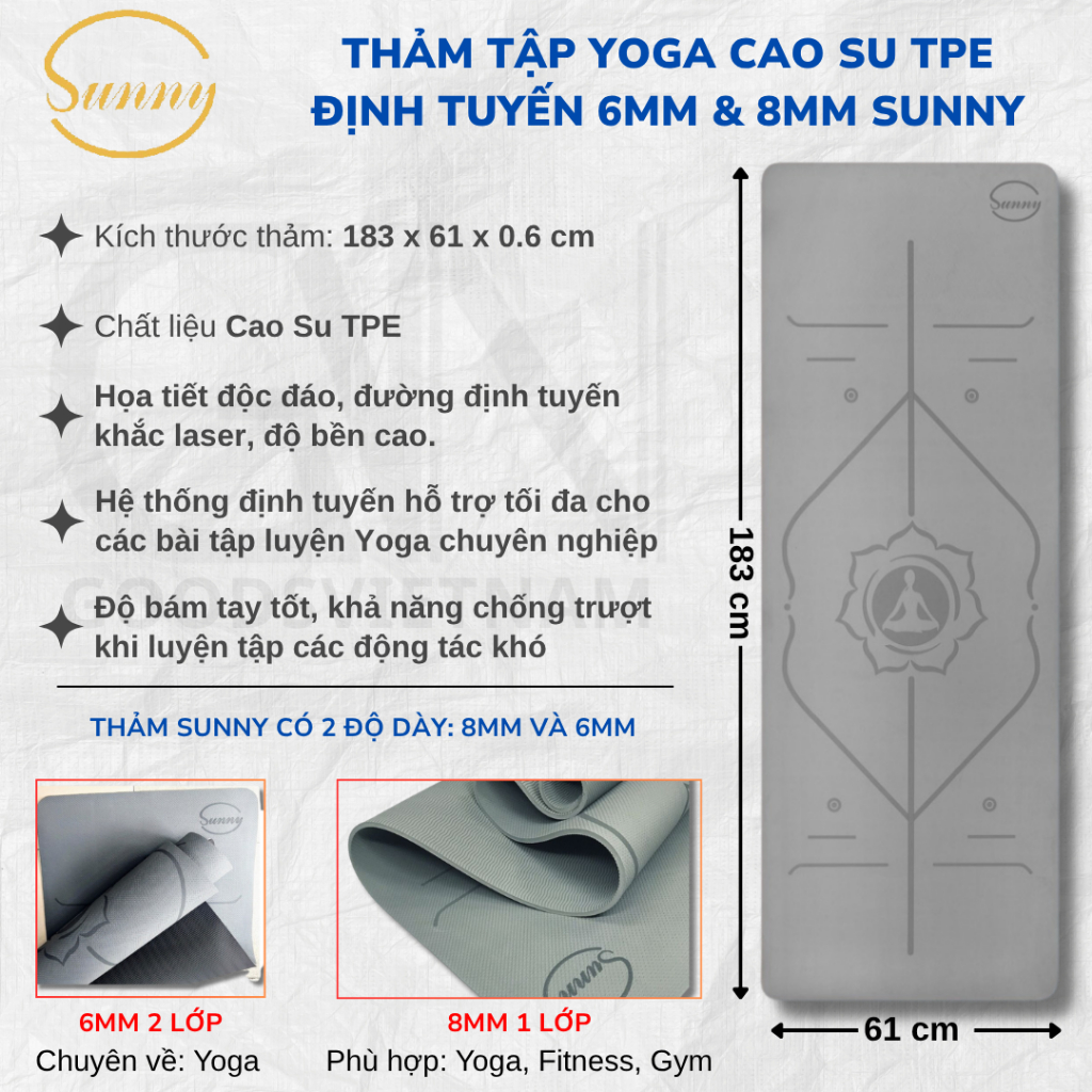 Thảm Tập Yoga Cao Su Định Tuyến SUNNY Siêu Bám Tay, Độ dày 6mm và 8mm - Thảm Chính Hãng Tặng Kèm Túi