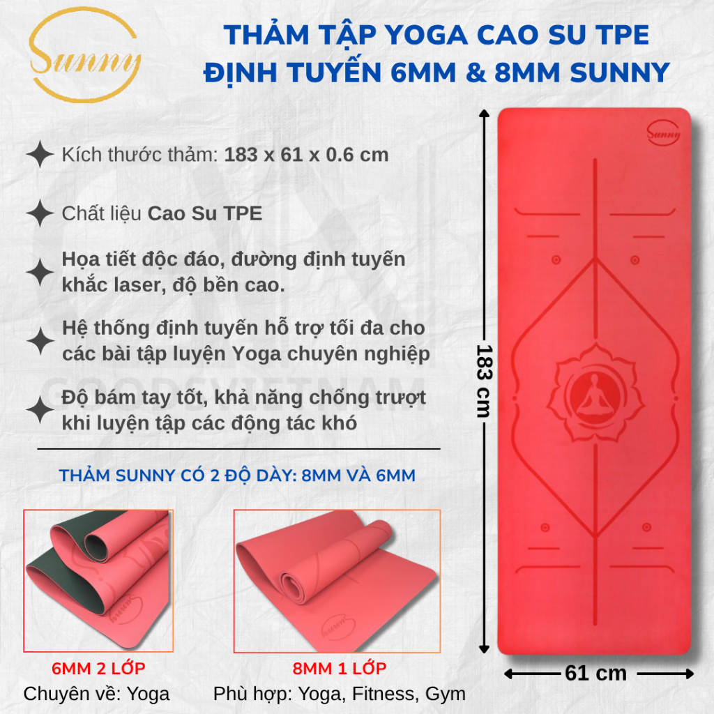 Thảm Tập Yoga Cao Su Định Tuyến SUNNY Siêu Bám Tay, Độ dày 6mm và 8mm - Thảm Chính Hãng Tặng Kèm Túi