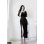 Đầm dress nhung đỏ bẹt vai màu đen A000229