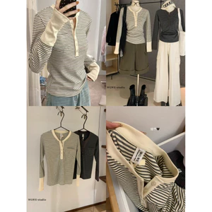 𝐌𝐈𝐄𝟗𝟔 𝐱 𝐖𝐆𝐖𝐄|Áo Thun Dài Tay Nữ Cổ Nửa Khuy Kẻ Ngang – Chất Co Giãn Ôm Body – W7208#