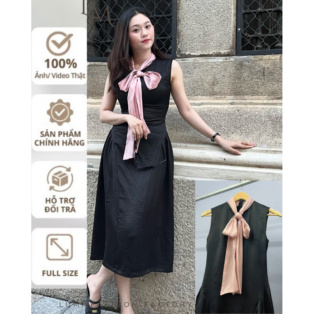 (Mới) LUMI – Đầm lụa nữ thiết kế dáng xòe phối nơ hồng sang chảnh, phù hợp đi tiệc, đi chơi