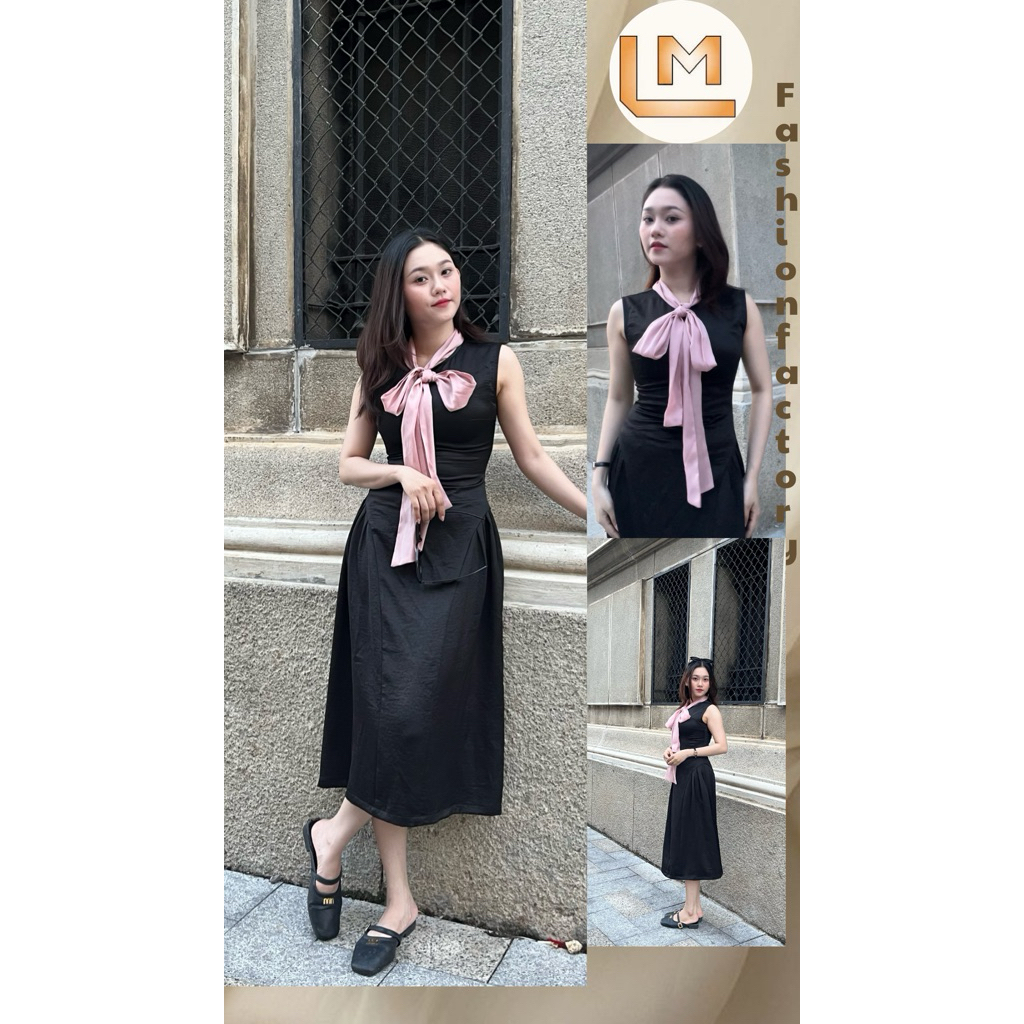 (Mới) LUMI – Đầm lụa nữ thiết kế dáng xòe phối nơ hồng sang chảnh, phù hợp đi tiệc, đi chơi