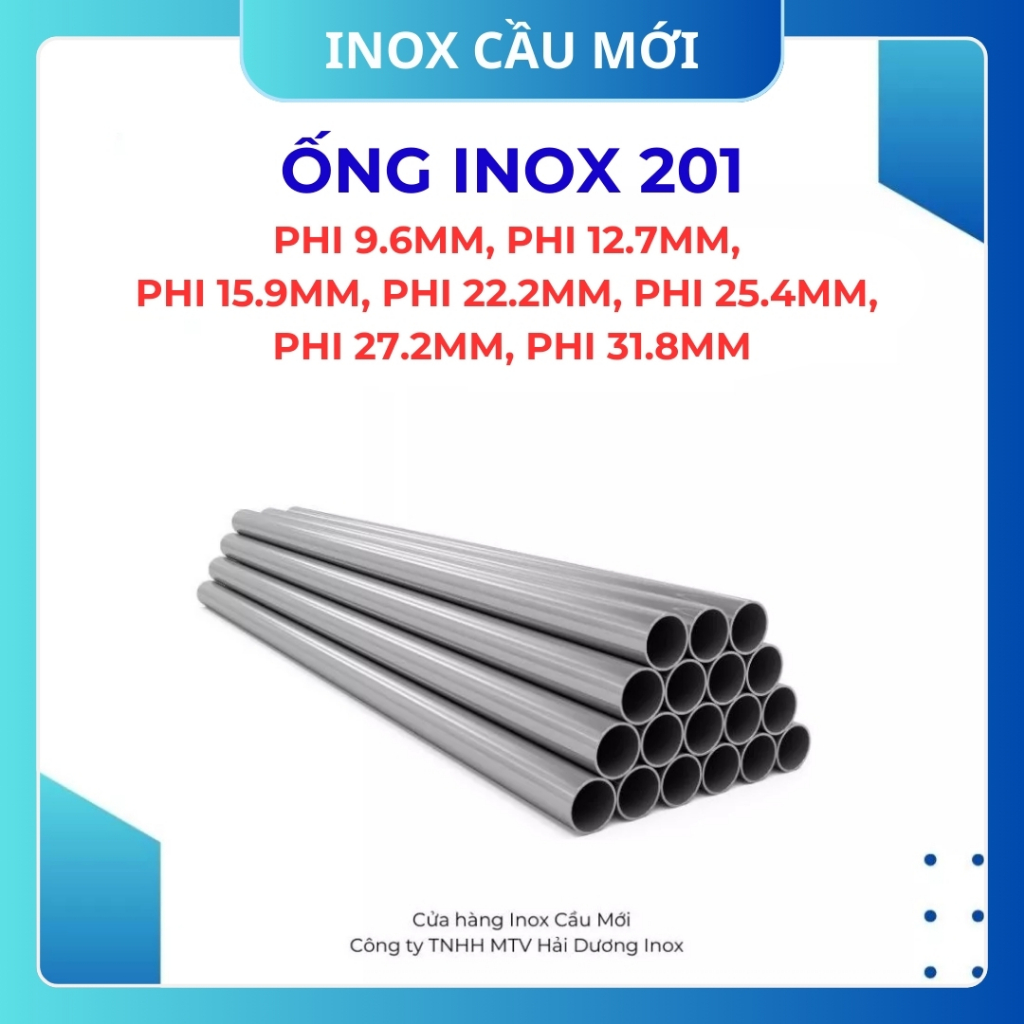 Ống tròn Inox 201 phi 9.6, 12, 16, 19, 22, 25, 27, 32mm (dài 0.5m/0.6m/1m/1.2m)