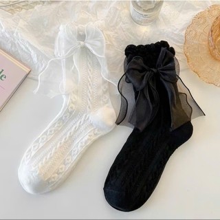 Tất Vớ Cao Cổ Nữ Phối Ren Đính Nơ Tiểu Thư Chất Liệu Cotton Co Giãn Thoáng Khí Thấm Mồ Hôi C2